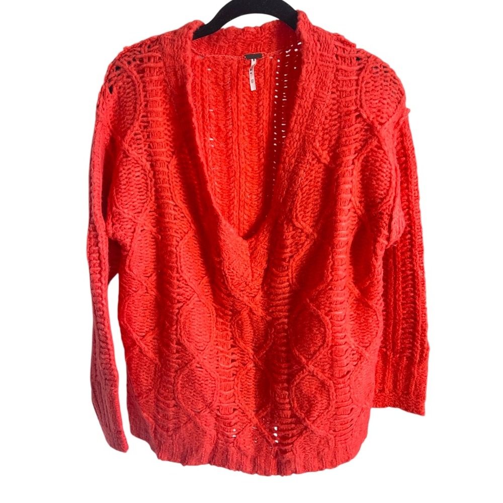 Free‎ People Cable Knit Cabincore V-Neck Oversized Sweater Coral Red XS